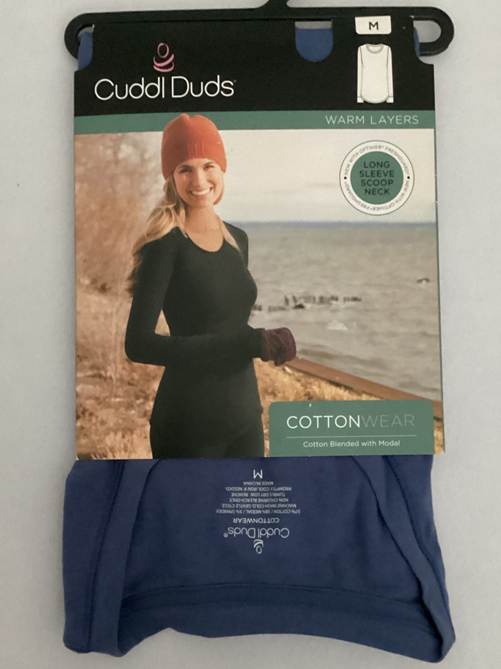 Cuddl Duds CottonWear Long Sleeve Scoop Neck Top - Blue Haze